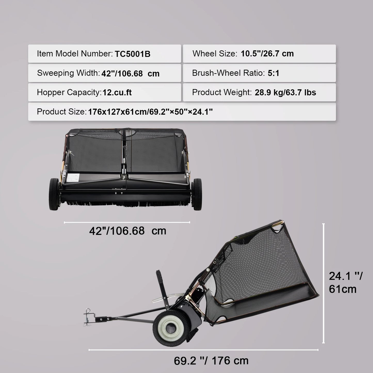 SucceBuy 52 Inch Lawn Sweeper - Heavy Duty Tow Behind Leaf and Grass Collector with 26CuFt Hopper