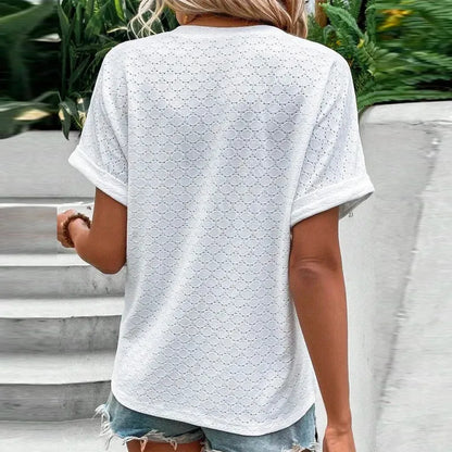2023 Women's Jacquard V-Neck Blouse – Casual Button-Up, Loose Fit Short Sleeve Oversized Summer Shirt
