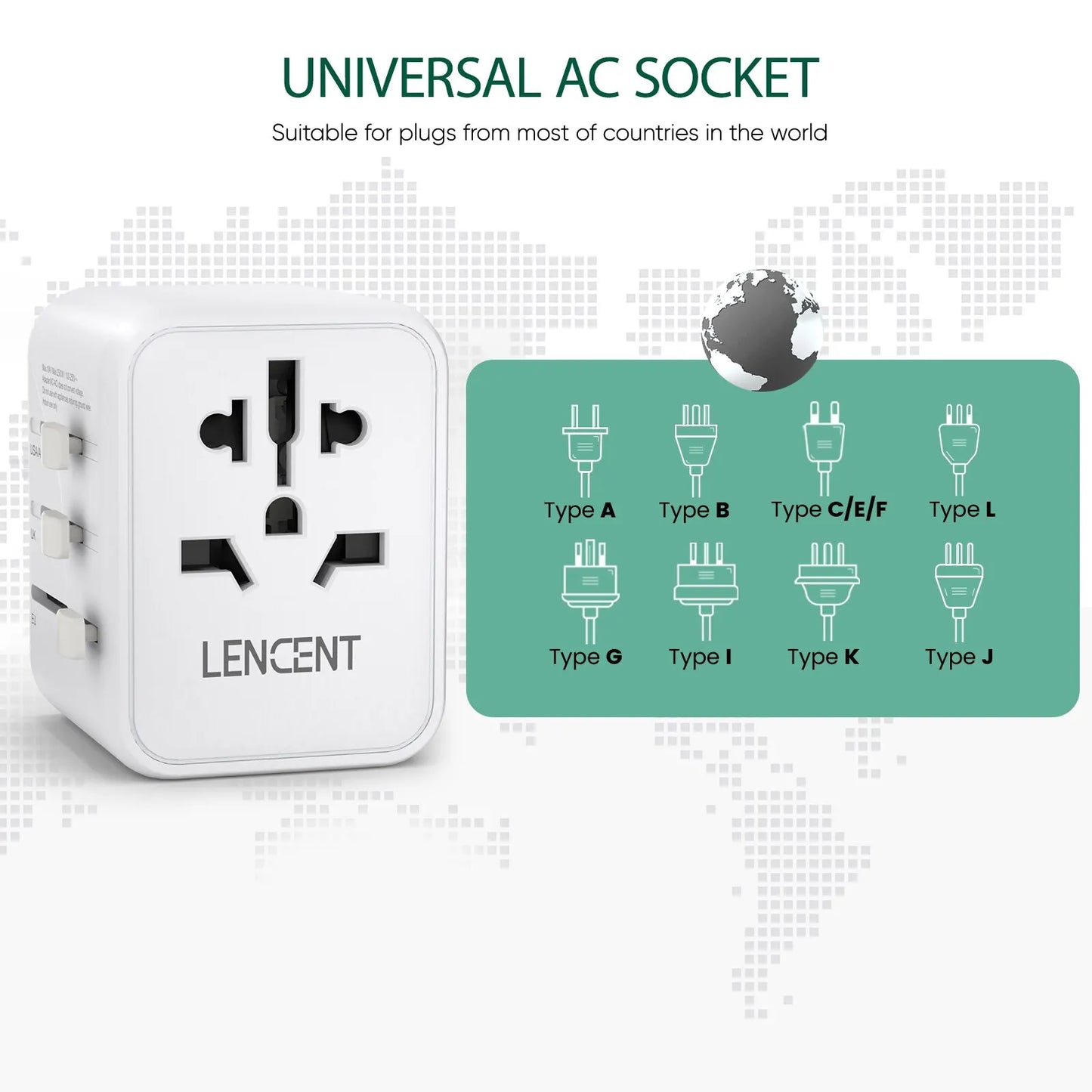 LENCENT International Travel Adapter – All-in-One Charger with 2 USB Ports, EU/UK/USA/AUS Plugs for Worldwide Travel