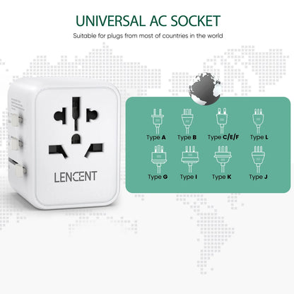 LENCENT International Travel Adapter – All-in-One Charger with 2 USB Ports, EU/UK/USA/AUS Plugs for Worldwide Travel