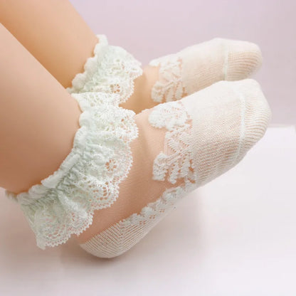 Summer Girls’ Mesh Cotton Socks with Ruffle Lace, Flower Princess Anti-Slip White Socks for Kids