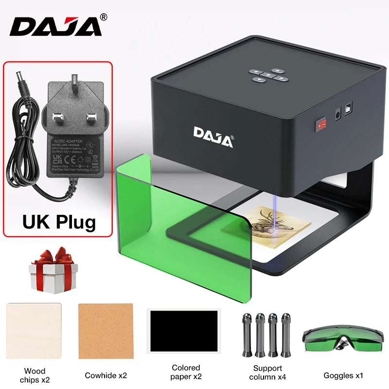 DAJA DJ6 Mini Portable Laser Engraver – DIY Bluetooth CNC Engraving Machine for Wood, Leather, Plastic, Paper & Metal Dog Tags, Logo Printing Tool