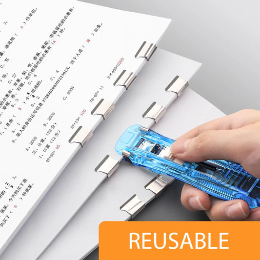 Mini Traceless Reusable Hand Clamp Stapler – Paper Binder & Book File Binding Tool for Office, School & Student Supplies
