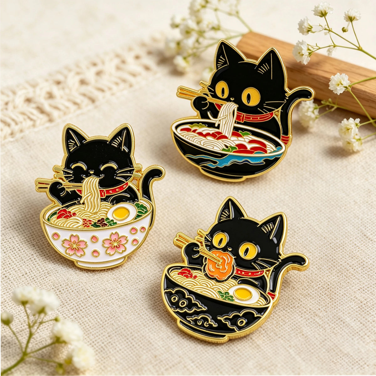 2/3-Piece Cute Black Cat Enamel Pin Set - Noodle Cartoon Badges for Backpacks, Hats, Collars, and Gifts