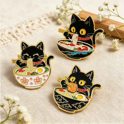 2/3-Piece Cute Black Cat Enamel Pin Set - Noodle Cartoon Badges for Backpacks, Hats, Collars, and Gifts