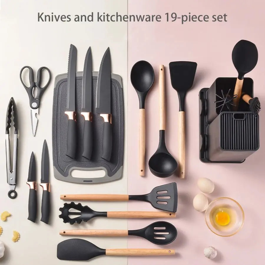 19-Piece Food Grade Silicone Kitchenware Set – Cooking Spoon, Shovel, Cutting Board, Fruit Knife & Chef Knife