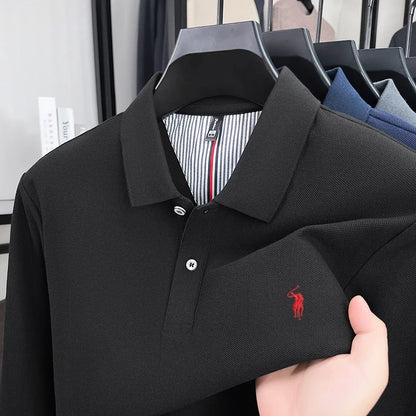 Men's 100% Cotton Long Sleeve Polo Shirt - Embroidered Business Casual Fashion Polo