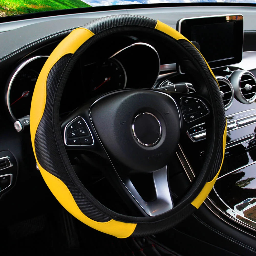 PU Carbon Fiber Leather Steering Wheel Cover — No Inner Ring, Fits 14.5-15 Inch Cars
