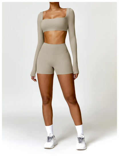 Hearuisavy 2PCS Long Sleeve Gym Set for Women, Quick-Drying Yoga Clothes, Sportswear, Running Leggings, Workout Sports Crop Top