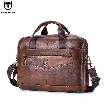 BULLCAPTAIN Men's Genuine Leather Briefcase – 14-Inch Laptop Shoulder Messenger Bag for Business & Office