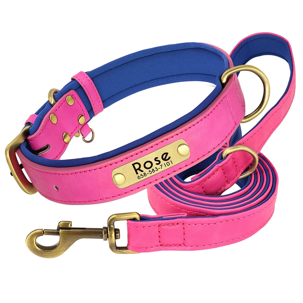 Customized Leather Dog Collar & Leash Set – Soft Padded Adjustable Collar for Small, Medium & Large Dogs with Engraved Nameplate