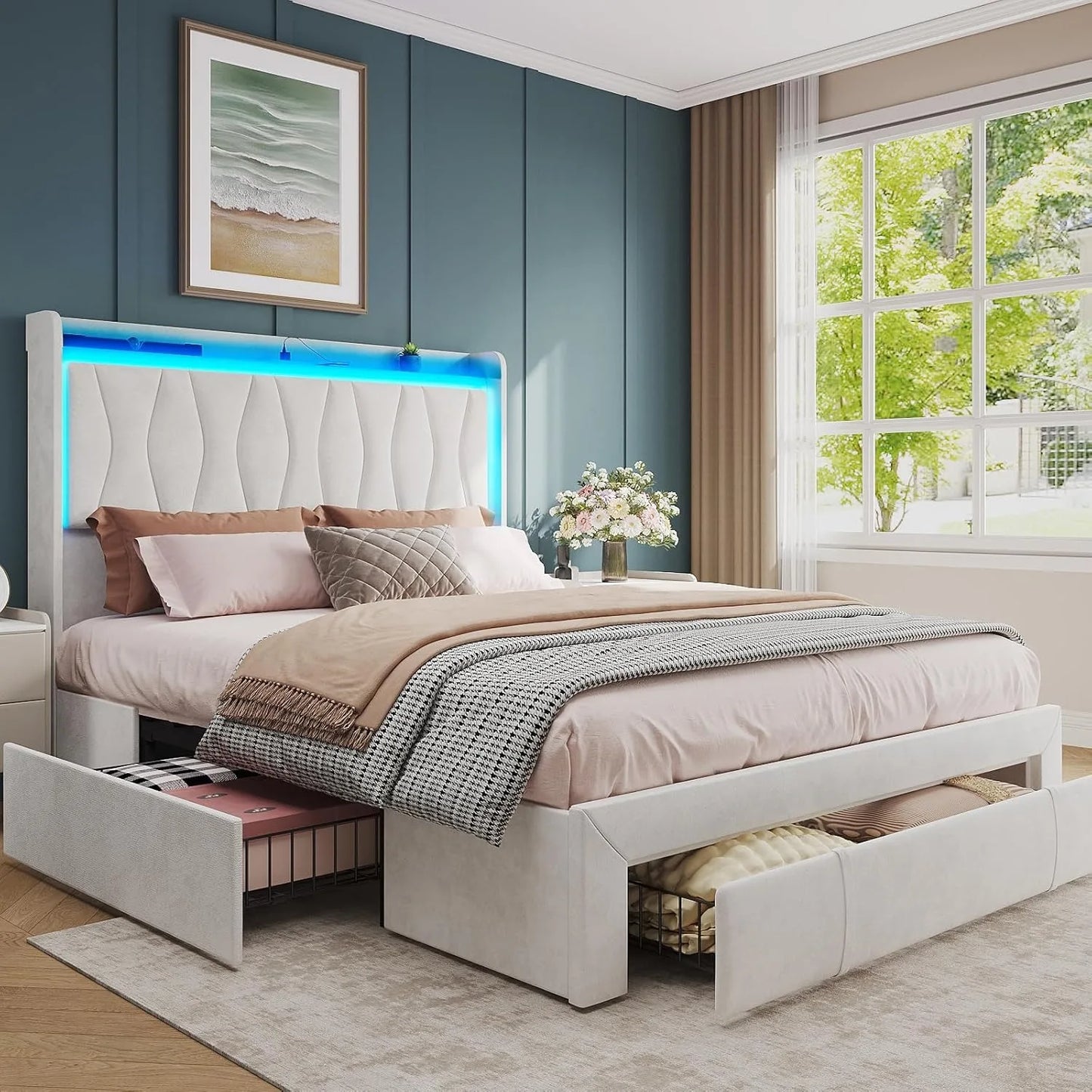 Queen Size Upholstered Platform Bed Frame with LED Lights, 3 Storage Drawers & USB Charging Station – Velvet Finish