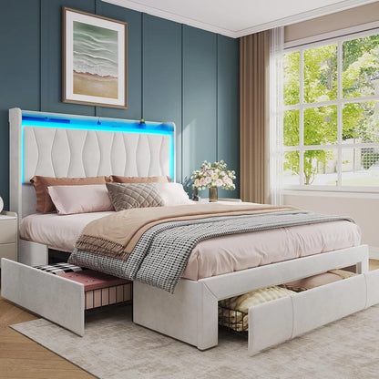 Queen Size Upholstered Platform Bed Frame with LED Lights, 3 Storage Drawers & USB Charging Station – Velvet Finish
