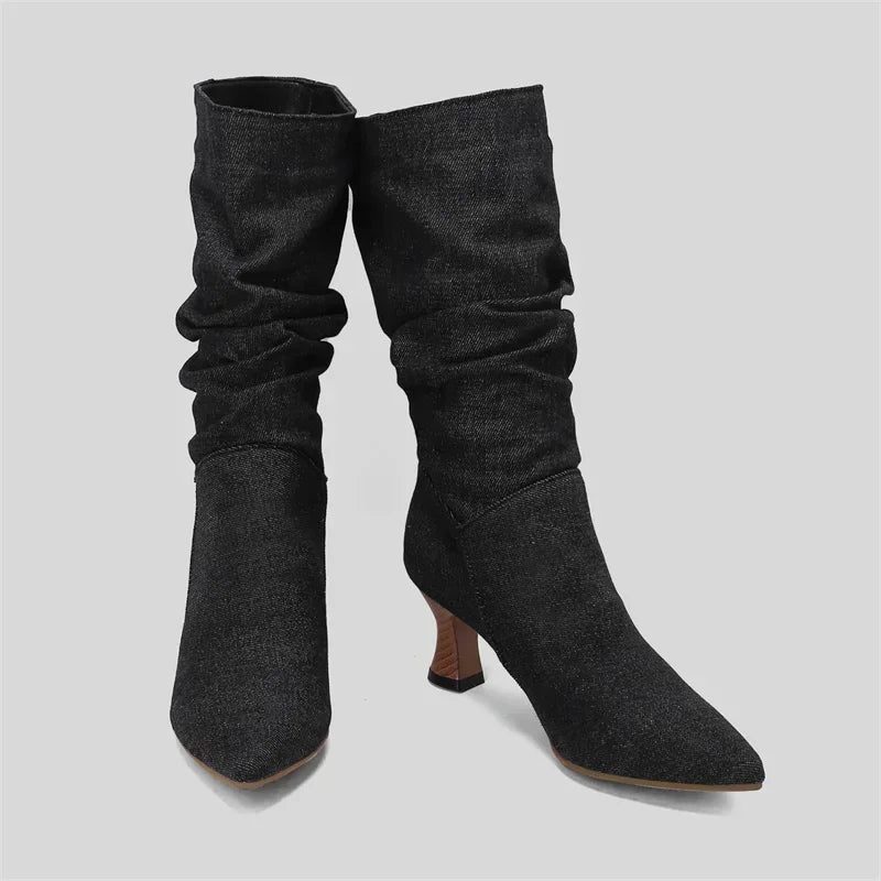 Women’s Winter Pleated Denim Mid-Calf Boots – Pointed Toe Slip-On Slouch Boots with Kitten Heels for Party & Club (Blue, Red, Black)