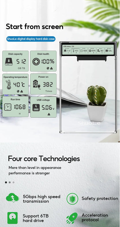 2.5" HDD/SSD SATA to USB 3.2 Enclosure – 5Gbps External Hard Drive Case with Transparent Housing