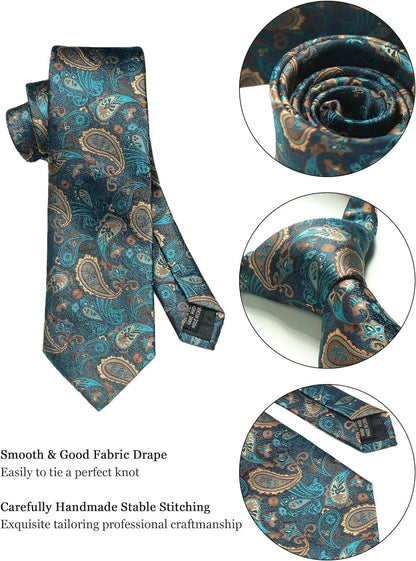 100% Silk Men’s Necktie Set with Paisley Floral Design, Business Tie with Pocket Square, Tie Clip & Cufflinks Gift Box Set for Men