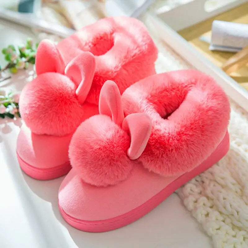Unisex Winter Plush Slippers – Thick Sole Cozy Faux Rabbit Fur Indoor Slides with Closed Back for Couples