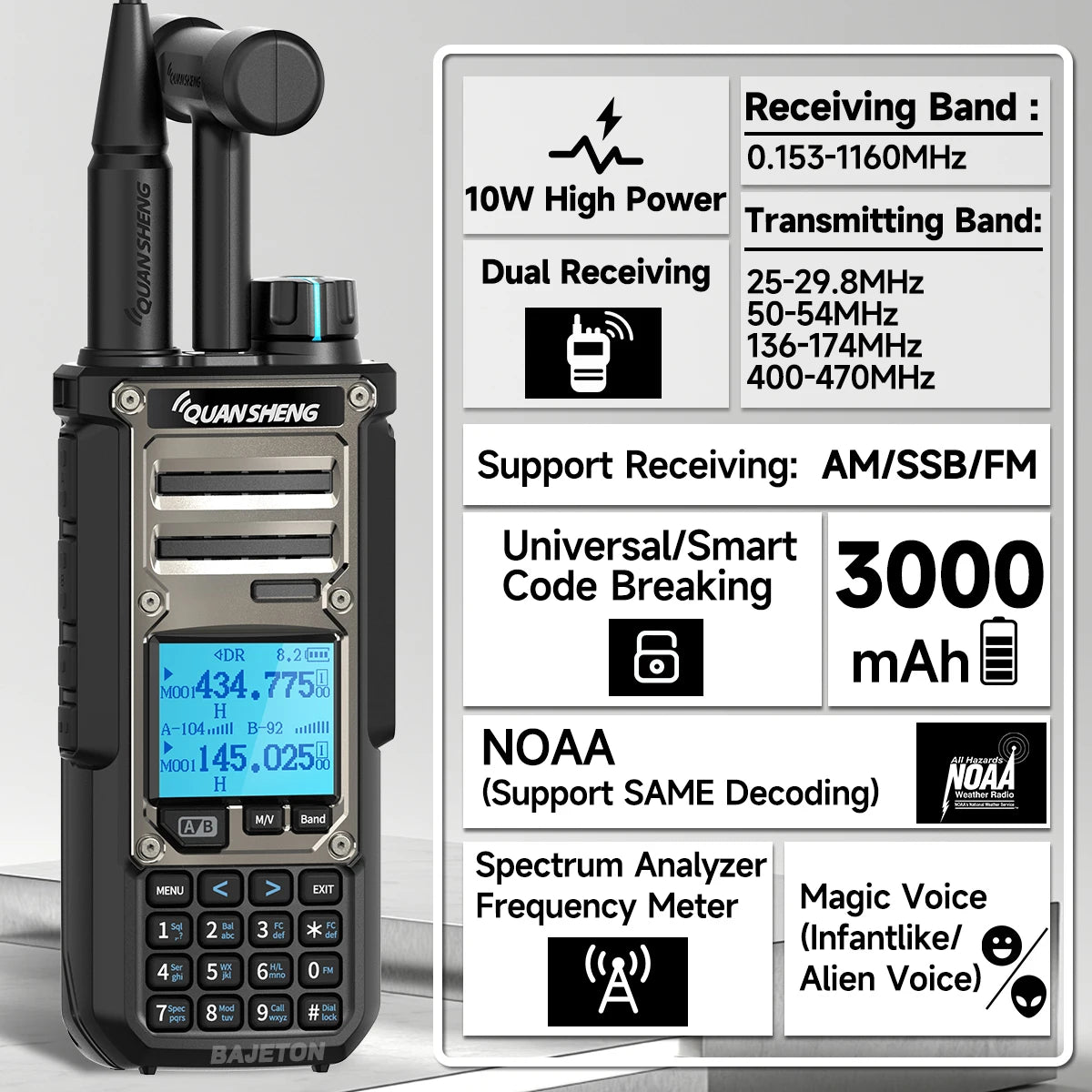 Quansheng TK11-8 10W Walkie Talkie - Dual-Receive CB Radio with 27MHz, CW/LSB, LW/MW/SW, NOAA, and USB-C Charging for UV-K5-8 and TK-11-5