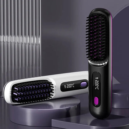 Cordless Hair Straightener Brush – Anti-Scald Electric Hot Comb with 3 Temperature Settings