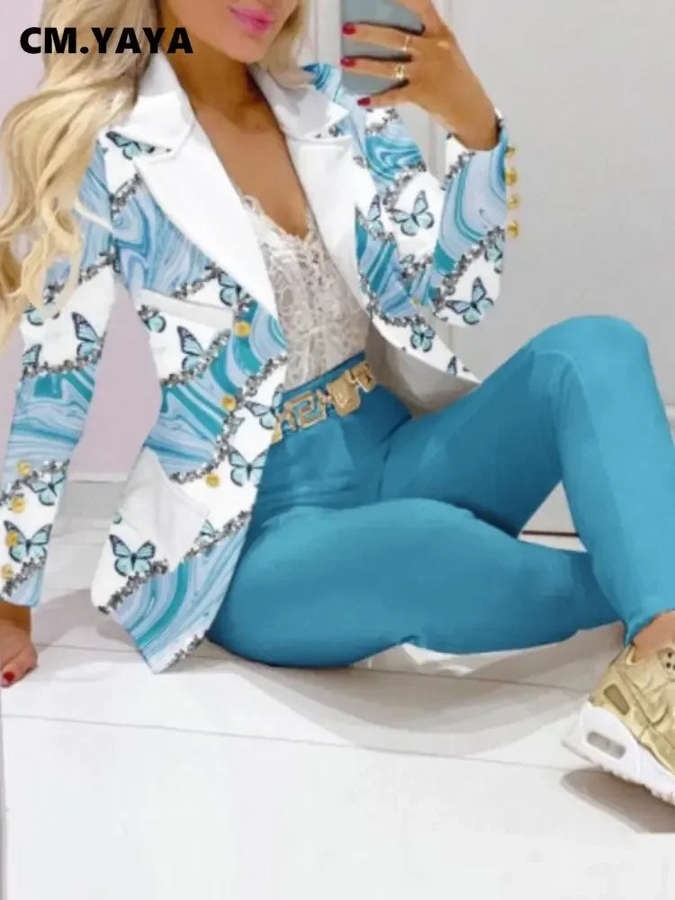 CM.YAYA Women’s Paisley Butterfly Blazer & Pants Set – Elegant 2-Piece Autumn Winter Street Style Outfit