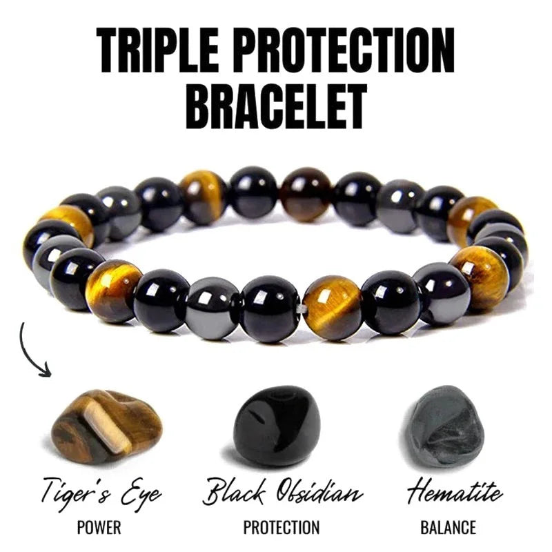 Natural Black Obsidian Hematite Tiger Eye Beaded Bracelet — Magnetic Health Protection Jewelry for Men & Women