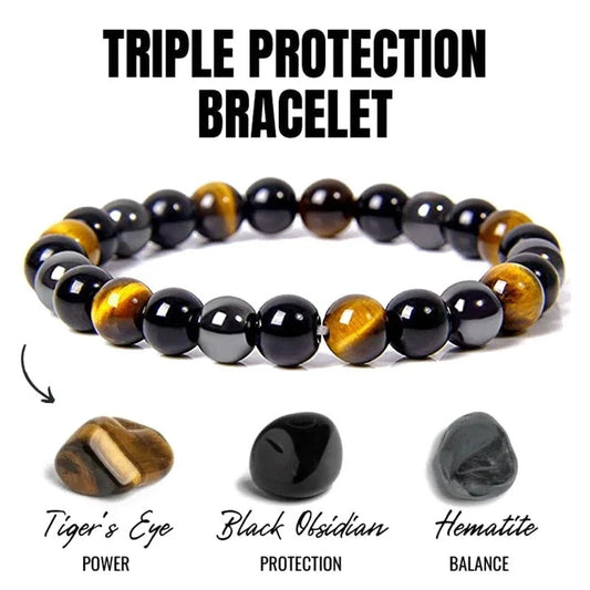 Natural Black Obsidian Hematite Tiger Eye Beaded Bracelet — Magnetic Health Protection Jewelry for Men & Women