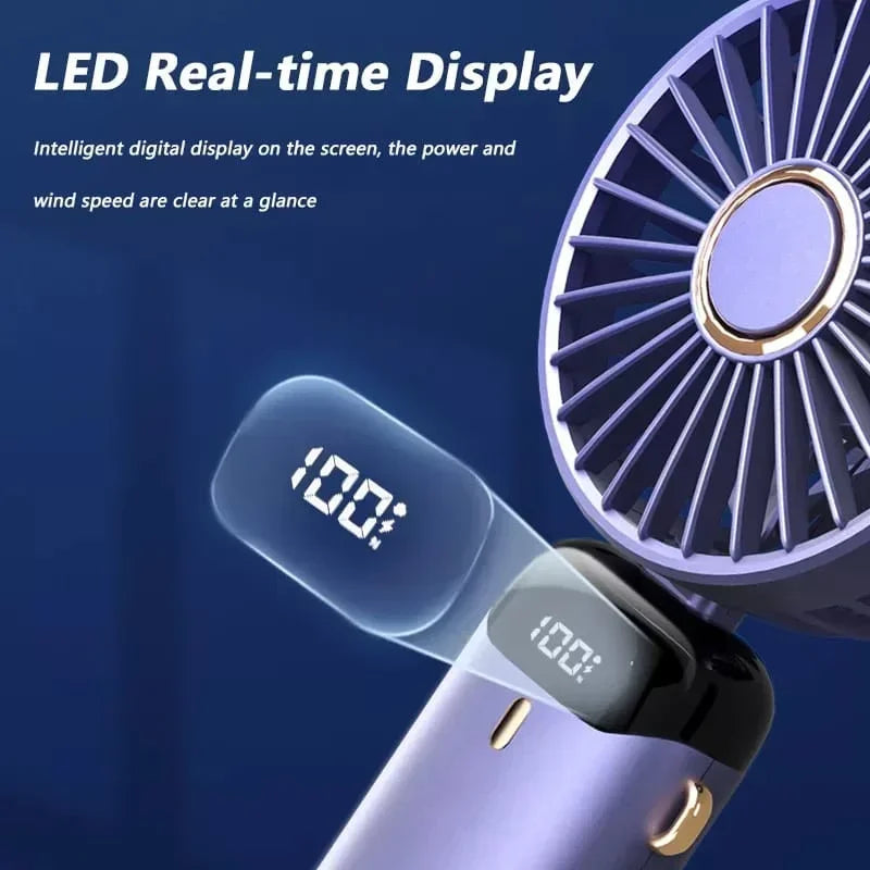 Handheld Mini Fan – 3000mAh Foldable Portable Desk & Neck Hanging Fan with 5 Speeds, USB Rechargeable & Phone Stand Display