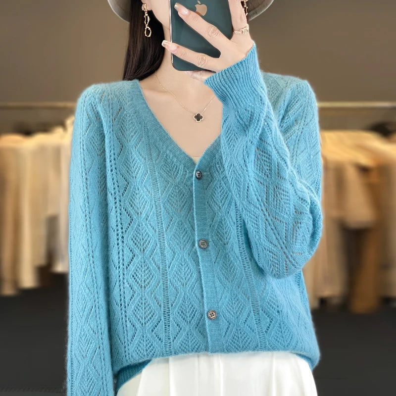 Women's 100% Wool Cashmere Cardigan – V-Neck, Super Soft, Loose Fit, Long Sleeve Knit Sweater