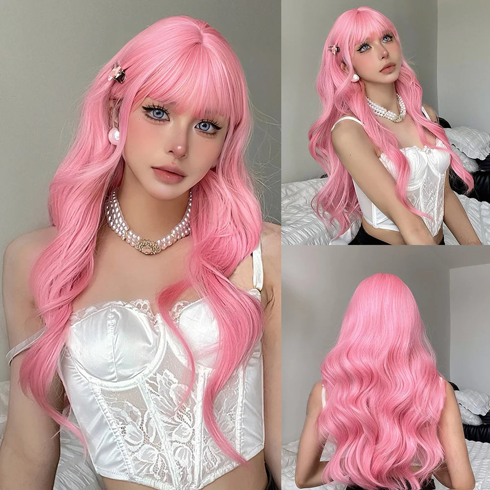 Long Blonde Wavy Synthetic Wig with Bangs – Lolita Cosplay & Halloween Heat-Resistant Wig for Women
