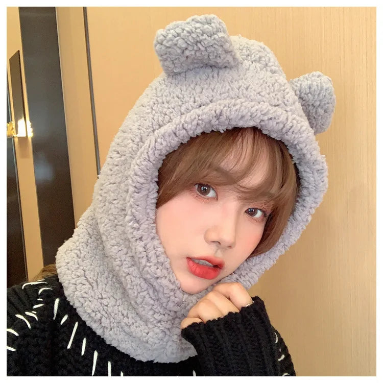 Winter Cartoon Bear Lamb Hat with Mask – Thickened Warm Beanie with Ear Protection for Women & Girls