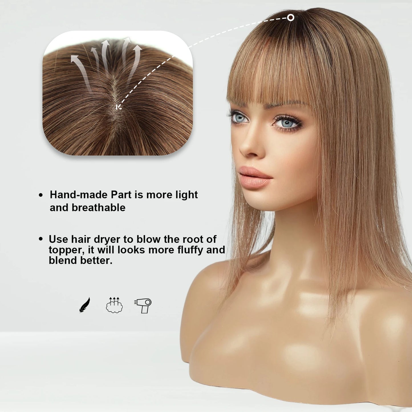 Straight Ombre Brown Remy Human Hair Topper – 100% Silk Base Clip-in Wig with Bangs, Hair Extension for Women