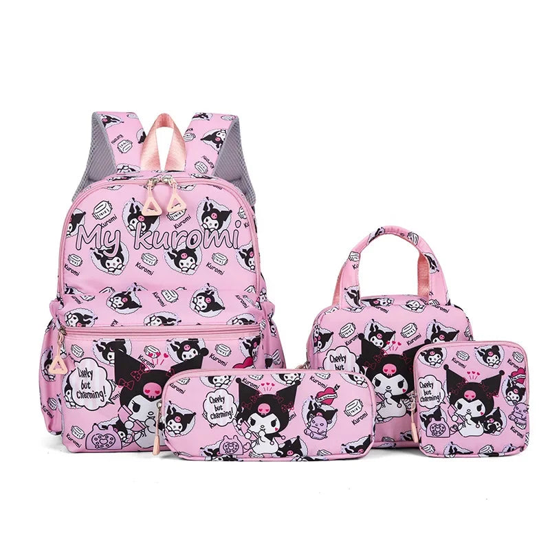 4pcs Kuromi & Hello Kitty Sanrio Backpack Set – Includes Pencil Case, Shoulder Bag, Wallet & Melody Daypack