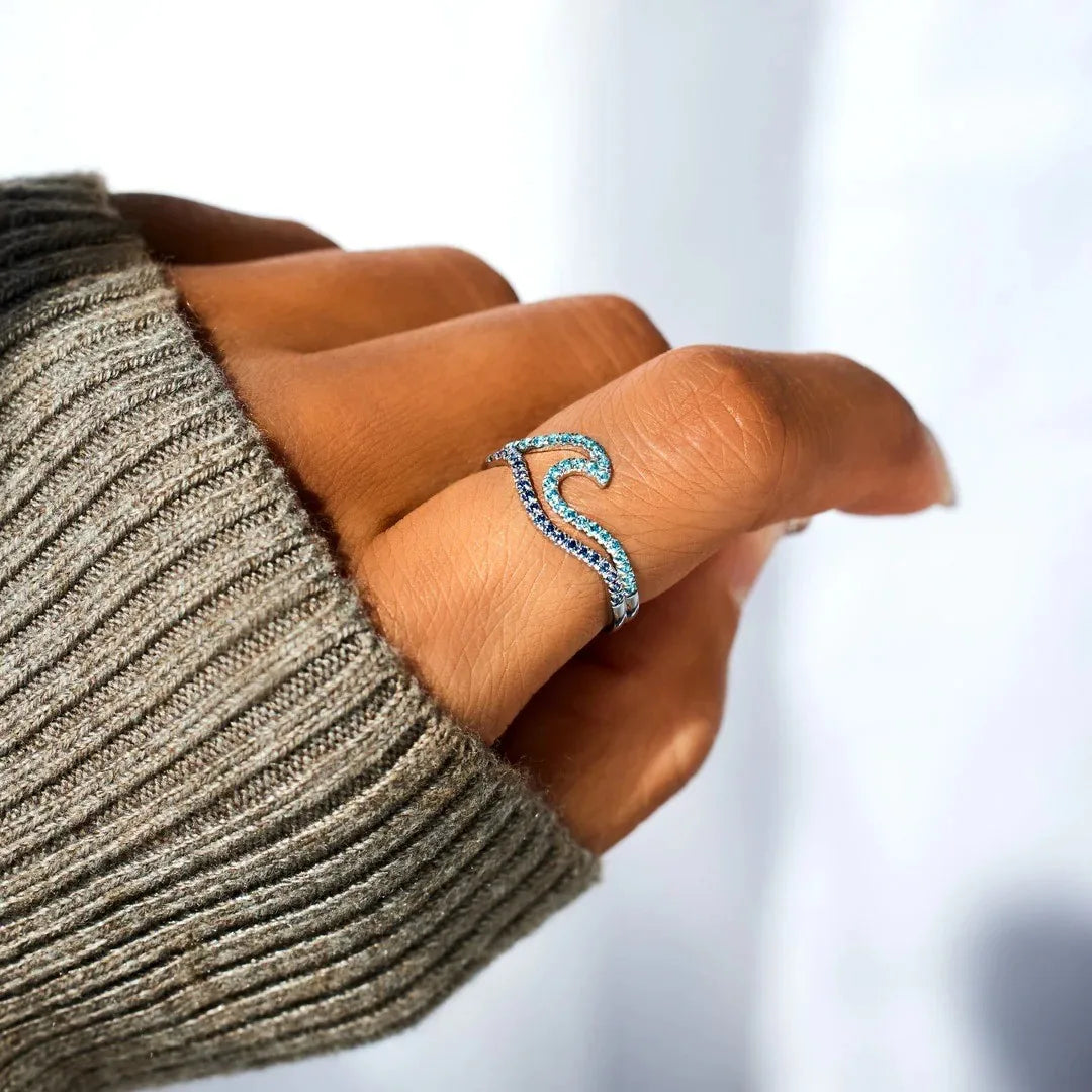 YILUOCD Blue Wave CZ Ring - Adjustable Cubic Zirconia Ocean Inspired Sea Wave Jewelry Gift for Women