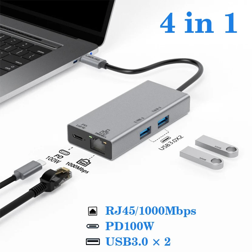 USB-C Hub Docking Station – Type C to RJ45 1000Mbps Ethernet Adapter, USB 3.0 Hub, 100W Charging Dock