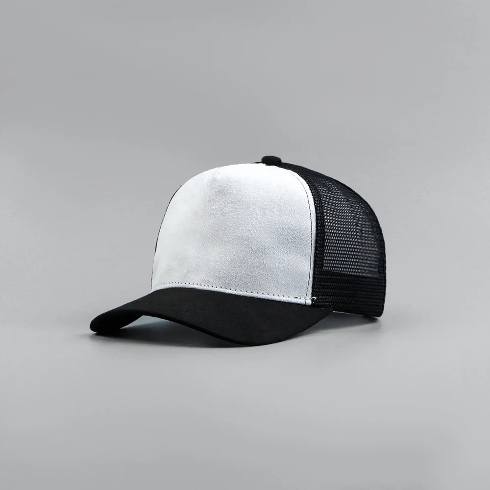 Custom Logo Suede Five Panel Cap - Leather Label Mesh Trucker Hat for Men & Women