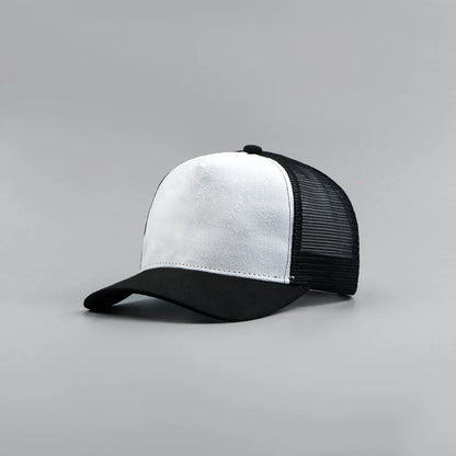 Custom Logo Suede Five Panel Cap - Leather Label Mesh Trucker Hat for Men & Women