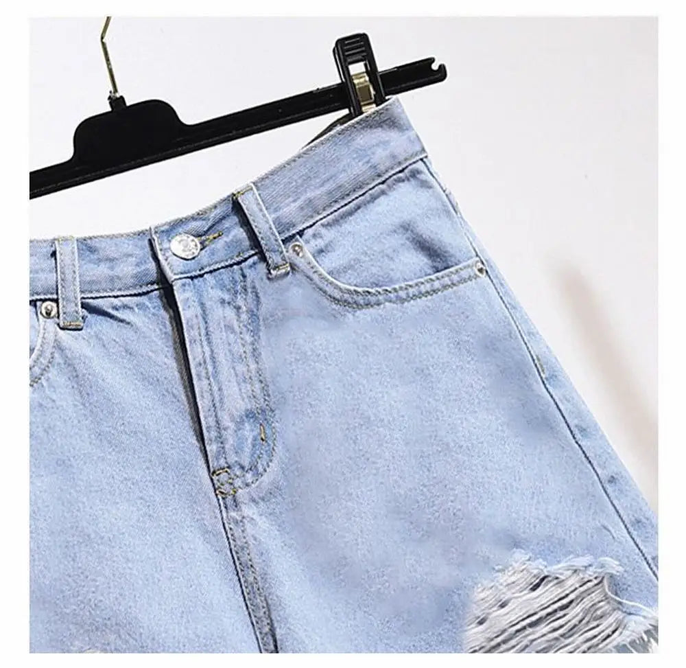 Summer Women’s Korean High Waist Cowboy Denim Shorts — Casual White Jeans with Pockets, Tassels & Ripped Holes Y2K Style