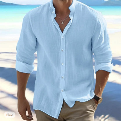 Men's Cotton Linen Long Sleeve Shirt - Solid Color Stand Collar Casual Beach Style Plus Size Summer Top