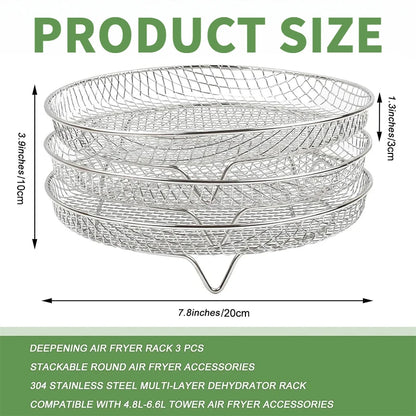 3-Layer Stackable Air Fryer Rack – 304 Stainless Steel Grilling & Steaming Rack for Oven & Cooking Tools