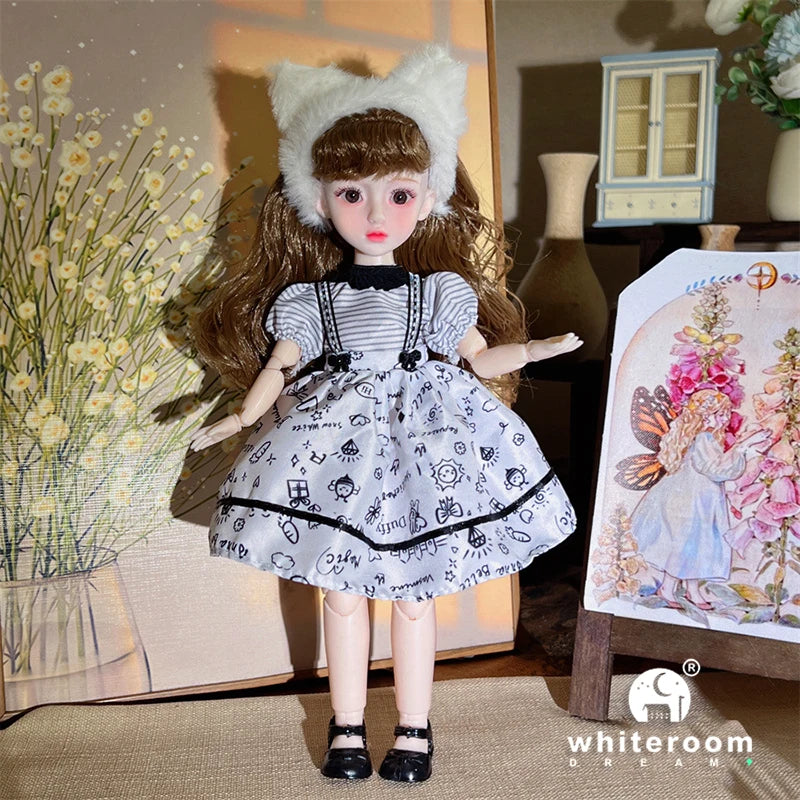 30cm 1/6 BJD Ball Jointed Doll – Starry Gray Eyes with Lolita Fashion Dress, DIY Toy Gift for Girls