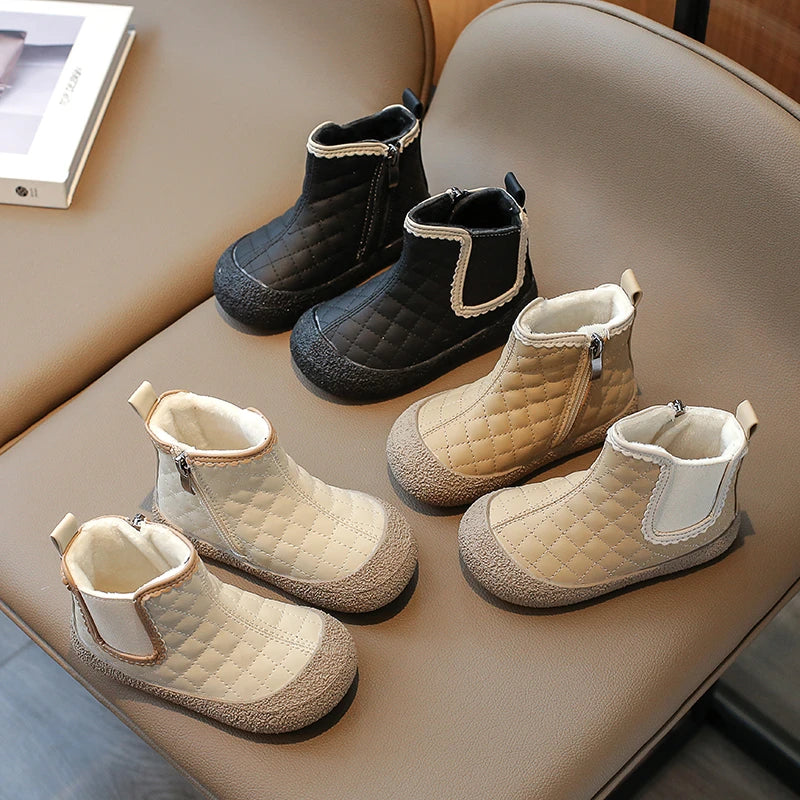 Autumn Winter Baby Girls Boots — Waterproof, Windproof, Non-Slip Plush Ankle Shoes for Kids