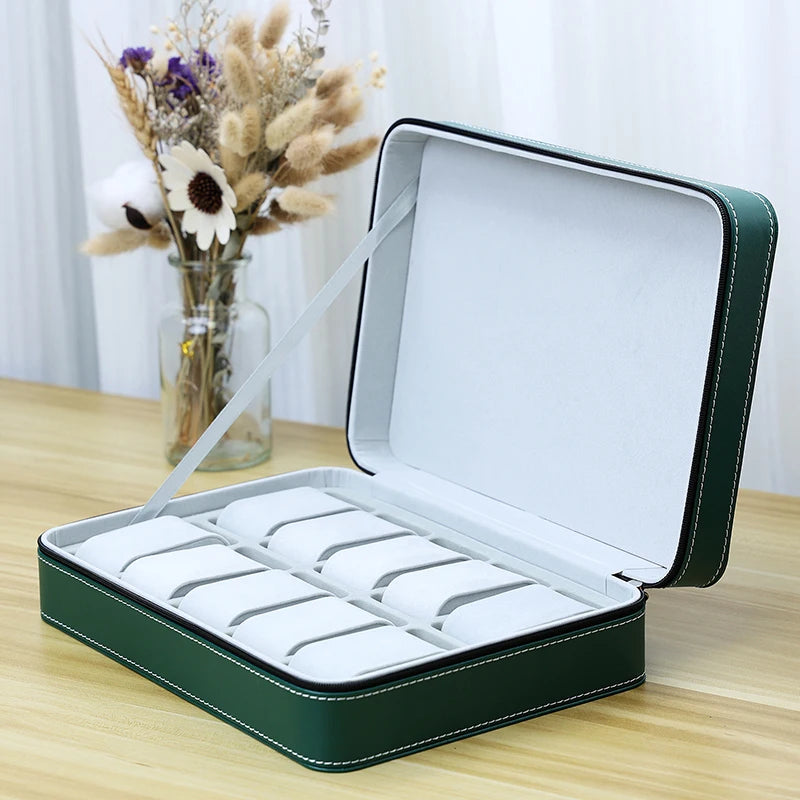 Portable Watch Storage Box Organizer - 6/10/12 Grid Zipper Display Case for Watches & Accessories