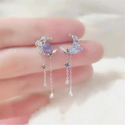 Pearl Moon Asymmetric Earrings - Butterfly Flower Zircon Drop Jewelry for Women Weddings