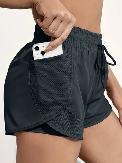 Women’s Elastic Sports Shorts with Pockets – Two-in-One Yoga Leggings for Running & Training