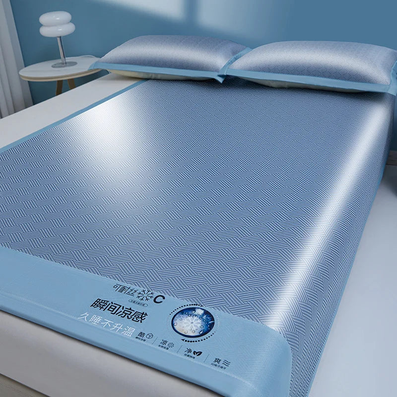 Cooling Ice Silk Bed Mat - Carbon Fiber Summer Mattress Cover with Pillowcase