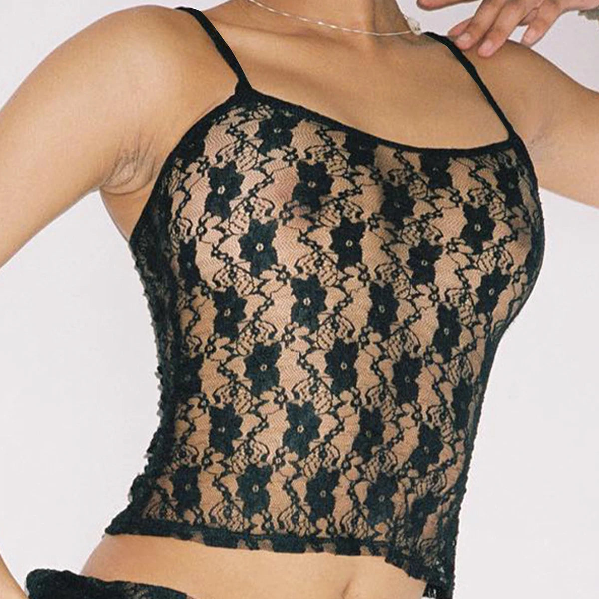 Women’s Sexy Lace Halter Vest Top – Slim Fit Black See-Through Summer Camisole, Elegant Party & Streetwear Fashion Tank Top