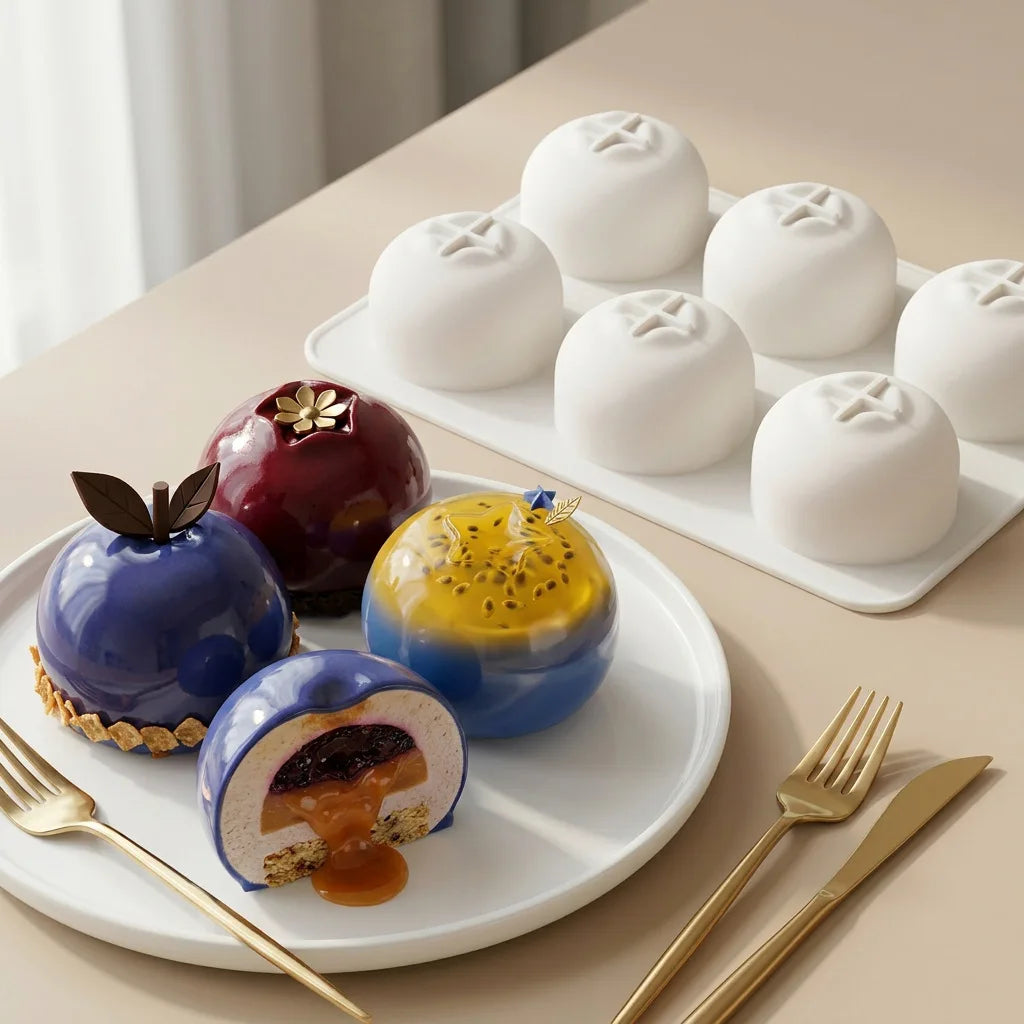 Blueberry Mousse Cake Silicone Mold – 1/6-Cavity Fruit-Shaped Baking Mold for Chocolate, Pudding, and Desserts
