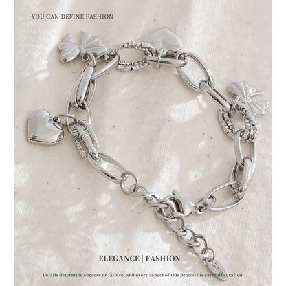 NiNice Stainless Steel Heart & Bow Pendant Bracelet – Romantic DIY Fashion Jewelry Gift for Women, Elegant Trendy Design