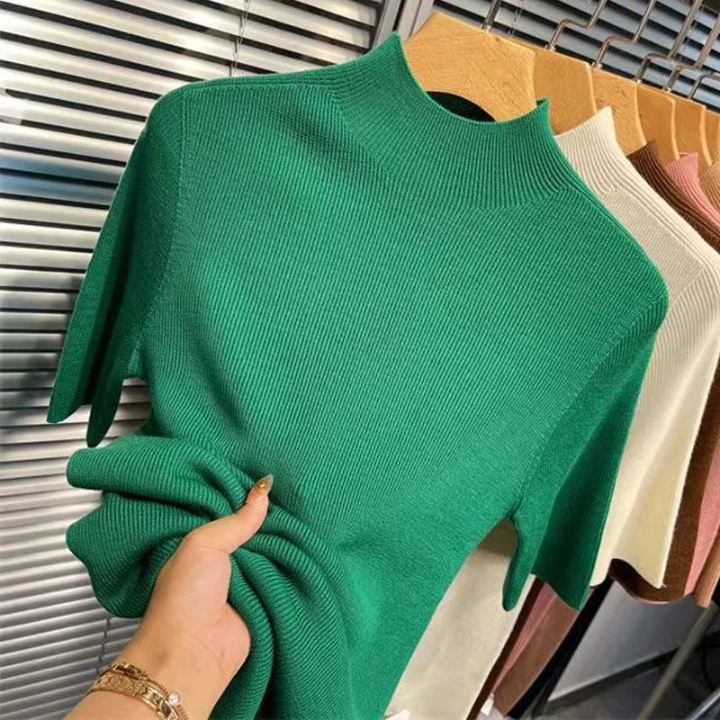 Women's Solid Color Knit Sweater – Stand Collar, Half Sleeve, Slim Fit, Soft High-Elastic Top for Autumn & Spring
