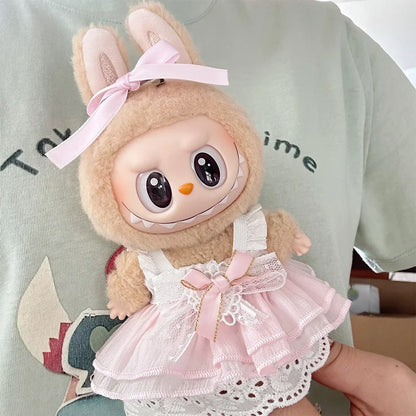 17cm Mini Plush Doll Clothes — Kpop Labubu Idol Outfit with Pink Silk Bow & Princess Gauze Skirt Accessories